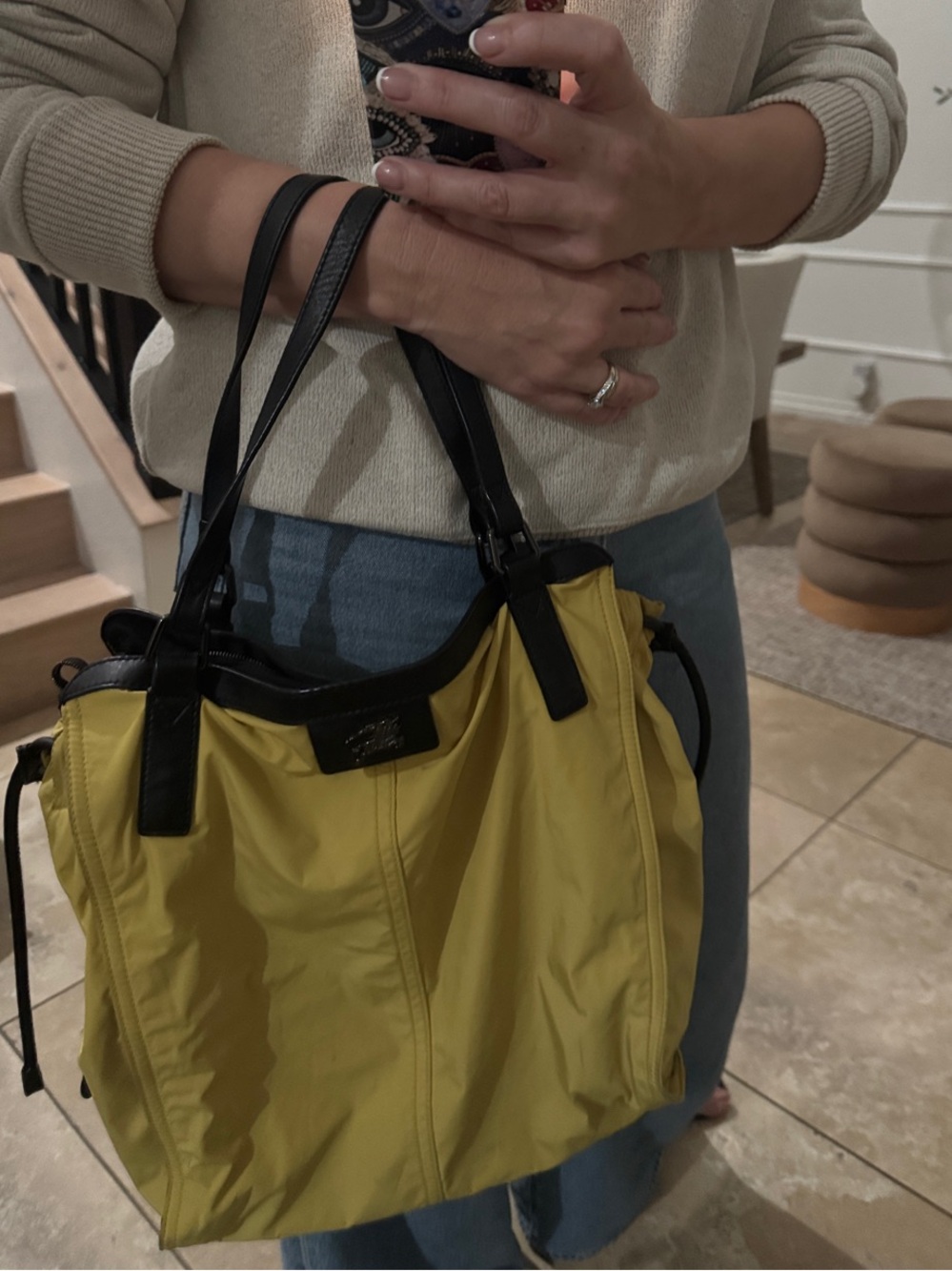 Burberry Yellow Tote with Black Trim and Dual Handles